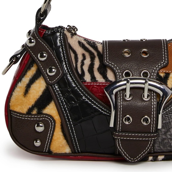 Animal print patchwork leather shoulder buckle bag tiger zebra leopard croc skin - Picture 3 of 5